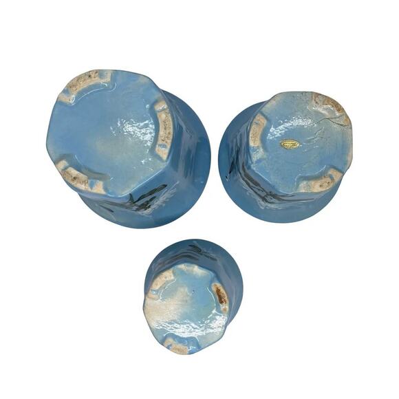 Mid 20th Century HandPainted French Blue Ceramic Planter Flower Pots Set of 3 - Picture 5 of 12